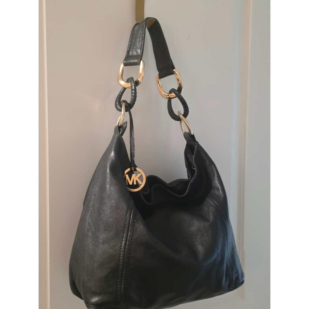 MICHAEL Michael Kors Fulton Black Leather Hobo Bag Gold Chain Link Strap Bag